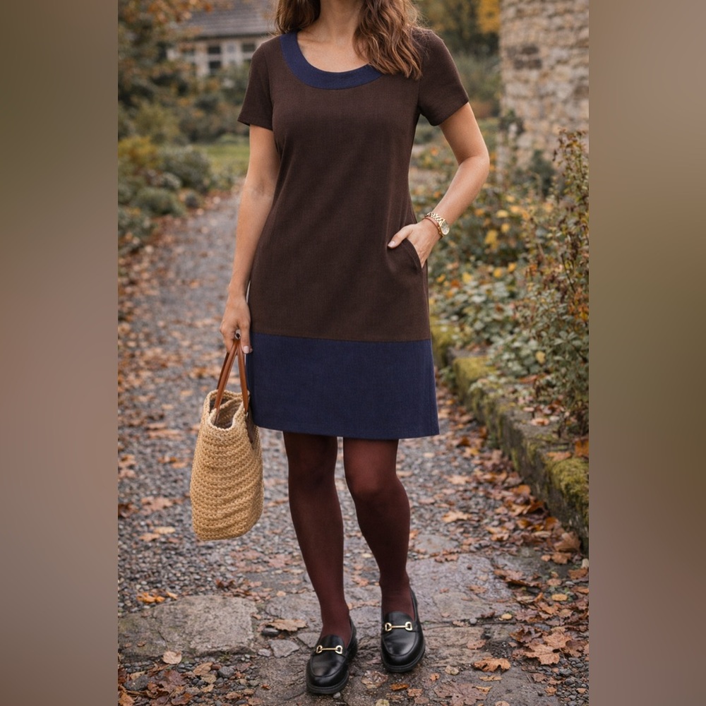 Boden Navy and Brown Scoop Neck shift dress 100% wool - 8
